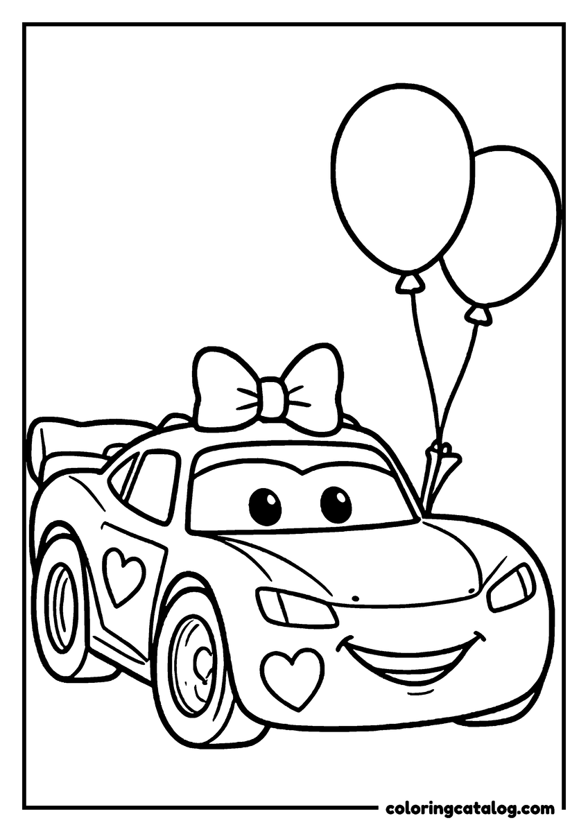 Lightning McQueen coloring page of Lightning McQueen lightning McQueen with a bow, hearts and balloons for Valentine's Day