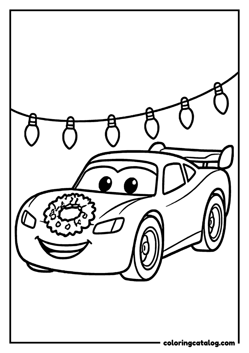 Lightning McQueen coloring page of Lightning McQueen lightning McQueen wearing a wreath on his hood under string lights