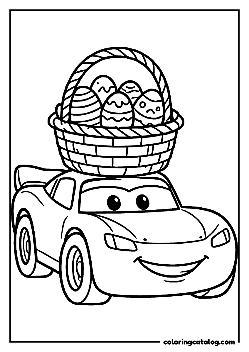Lightning McQueen coloring page of Lightning McQueen lightning McQueen carrying a basket of Easter eggs on his roof