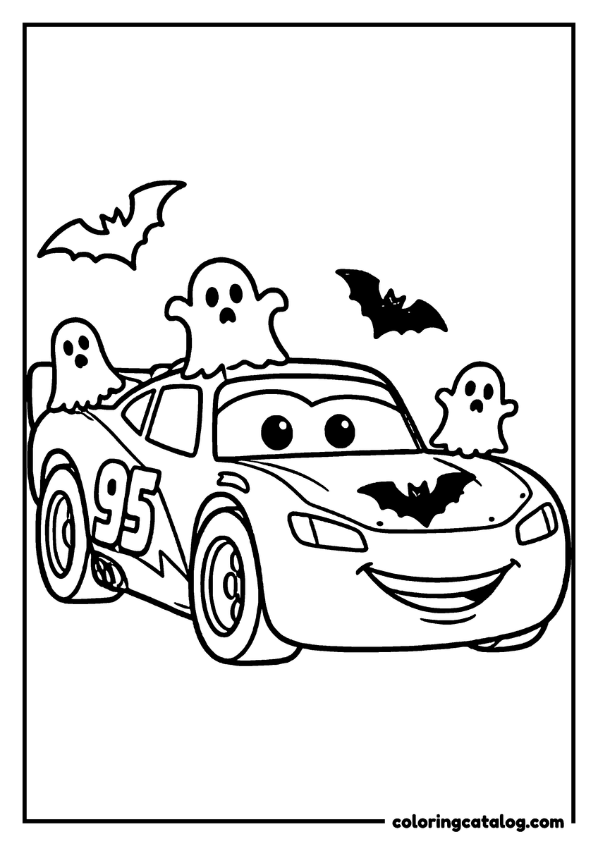 Lightning McQueen coloring page of Lightning McQueen lightning McQueen with little ghosts and bats for Halloween
