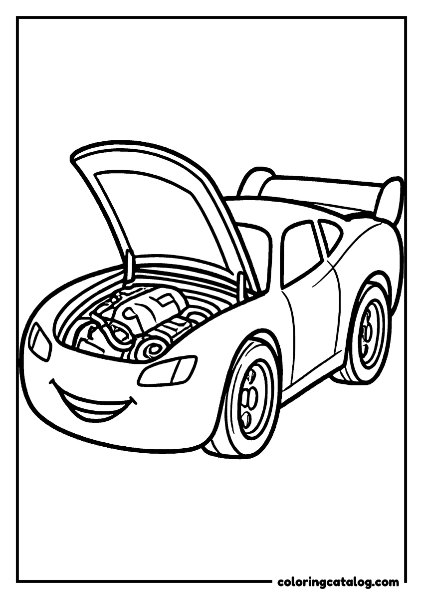 Lightning McQueen coloring page of Lightning McQueen lightning McQueen with his hood open showing the engine