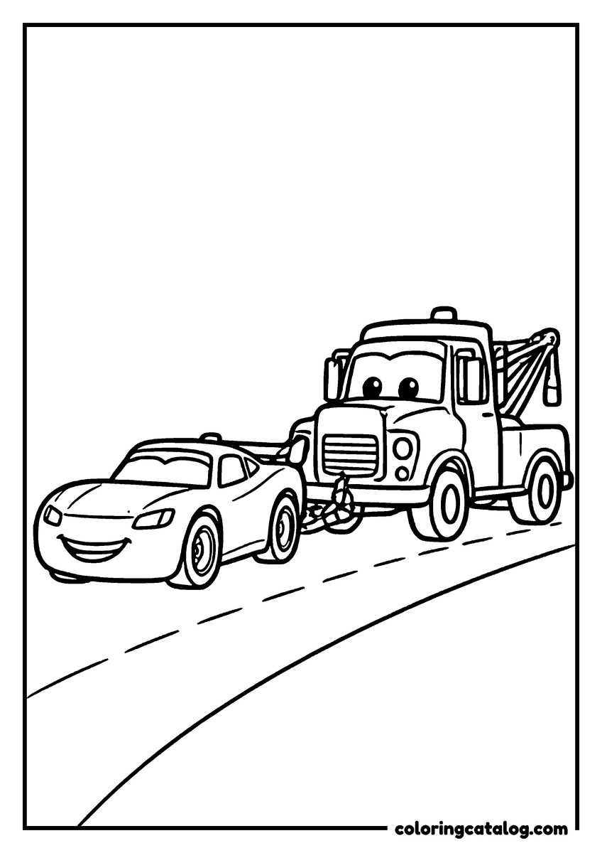 Lightning McQueen coloring page of Mater the tow truck towing Lightning McQueen down the road