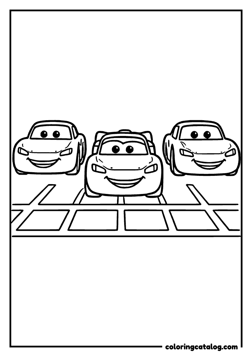 Lightning McQueen coloring page of Lightning McQueen lightning McQueen and two other race cars lined up at the starting grid