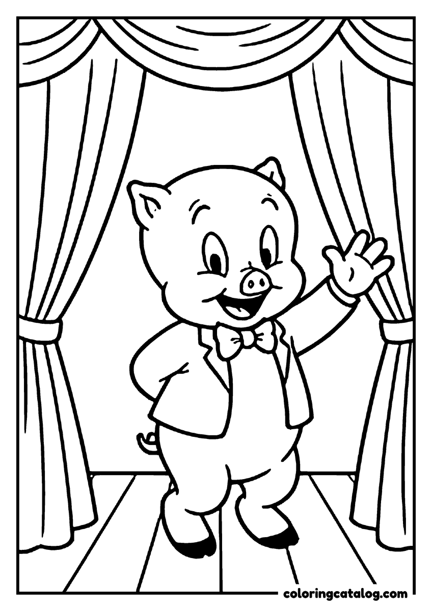 Looney Tunes coloring page: Porky Pig in his jacket and bow tie waving on a stage between curtains