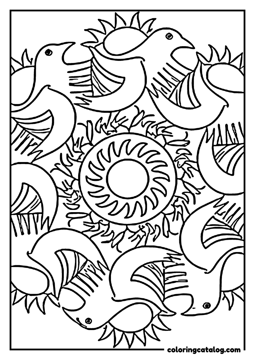Mandala coloring page: Long-tailed birds circling a sunflower head, their wings drawn in flat bands