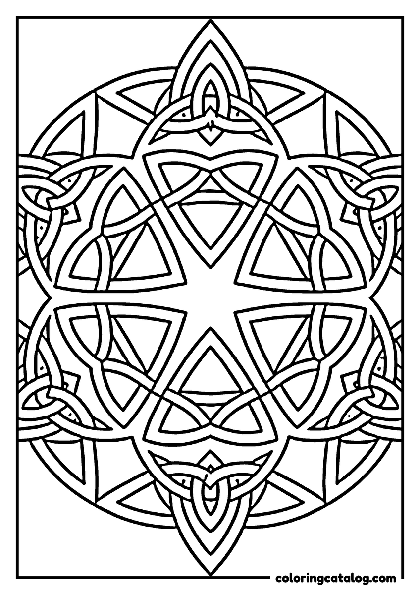 Printable Mandala coloring page: A six-point star of Celtic knotwork inside a ring, with triangle knots at each corner