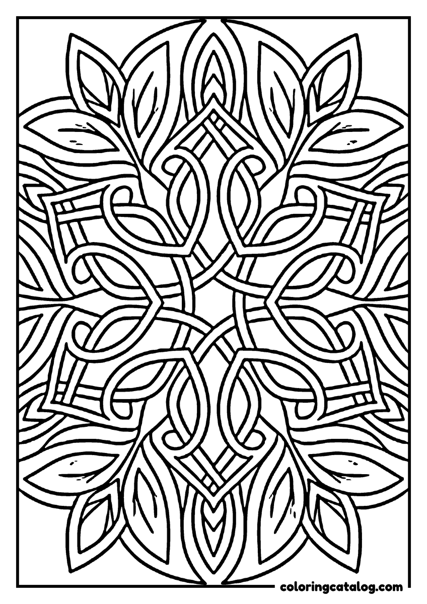 Free Mandala coloring sheet: A Celtic interlace of broad bands woven through pointed leaves, mirrored left to right