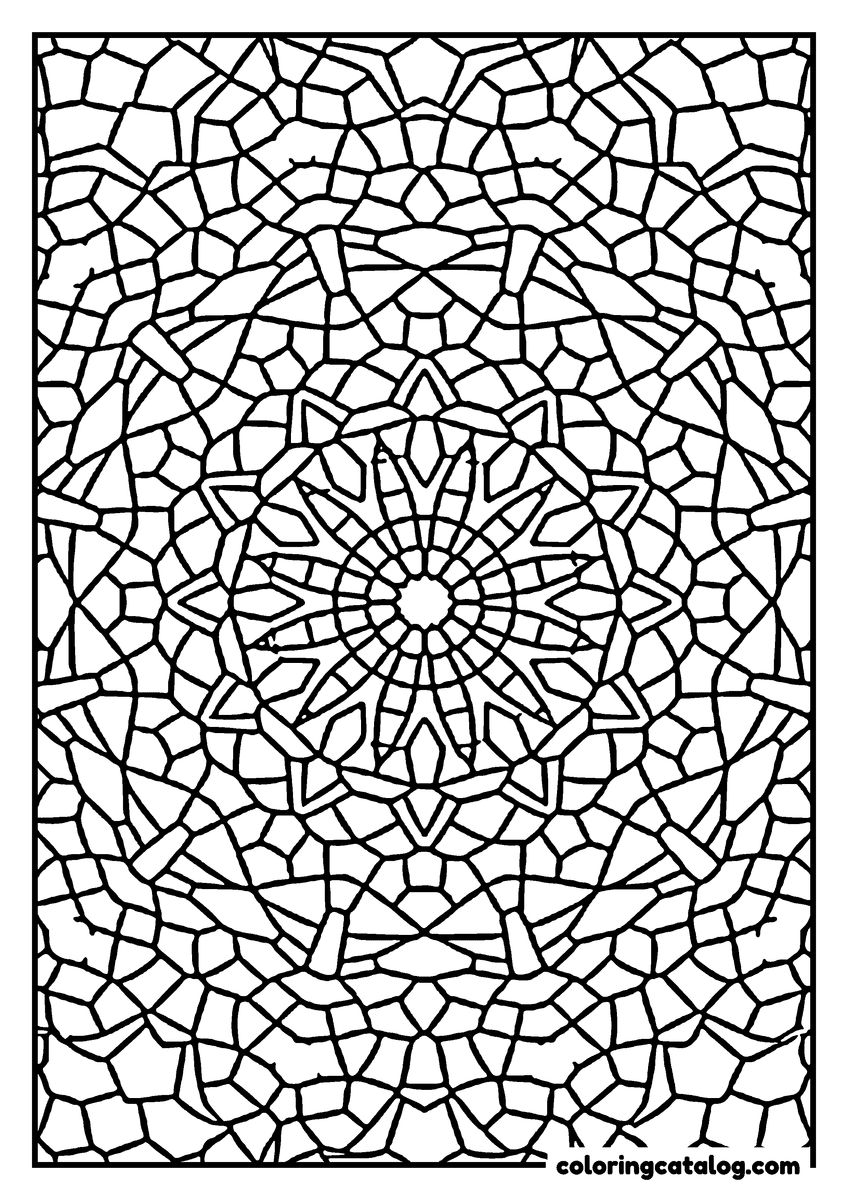Printable Mandala coloring page: A mosaic of hundreds of small tiles, closing into a sunburst at the centre