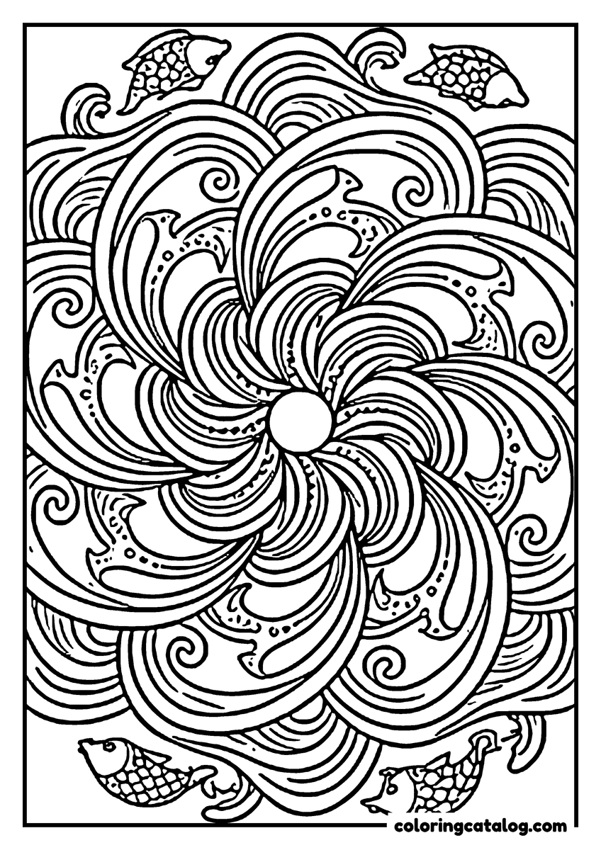 Printable Mandala coloring page: A spiral of curling waves turning around a small disc, with fish swimming in at the corners