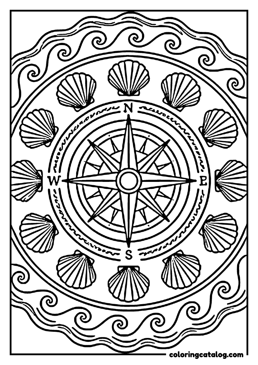 Printable Mandala coloring page: A compass rose marked north, south, east and west, ringed by scallop shells inside a border of waves