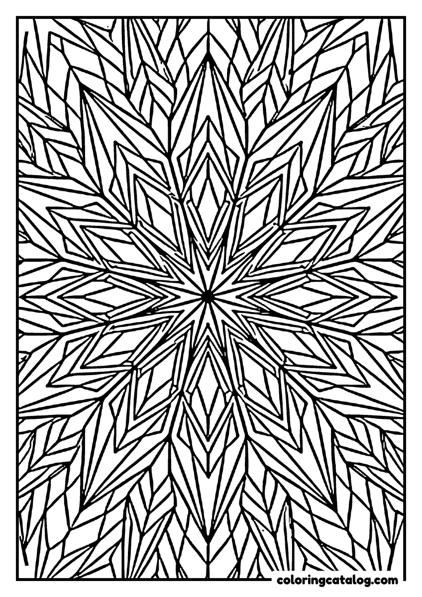 Free Mandala coloring sheet: A crystalline star of long faceted shards spreading to every edge of the page