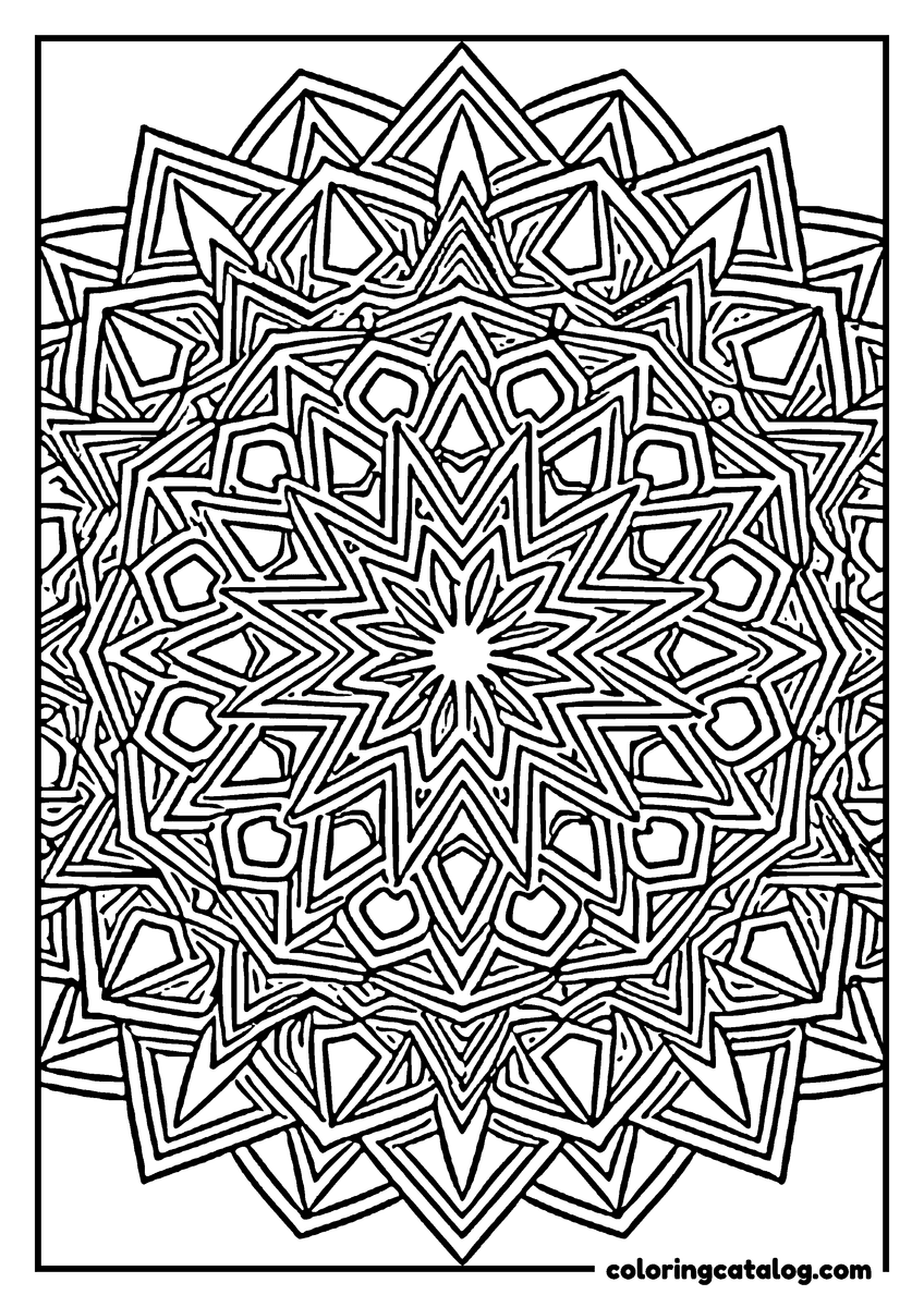 Mandala coloring page: A twelve-point star of zigzag bands radiating from a small centre