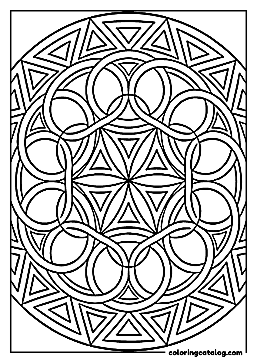 Mandala coloring page: Interlocking rings laid over a bed of triangles, inside a scalloped disc