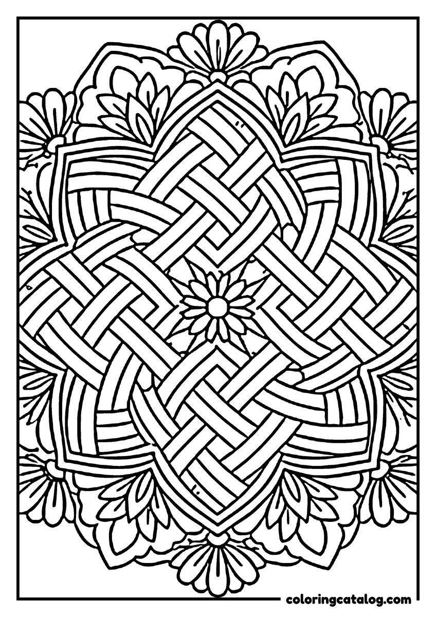 Mandala coloring page: A basket weave of flat ribbons knotted at the centre, framed by daisies and pointed petals
