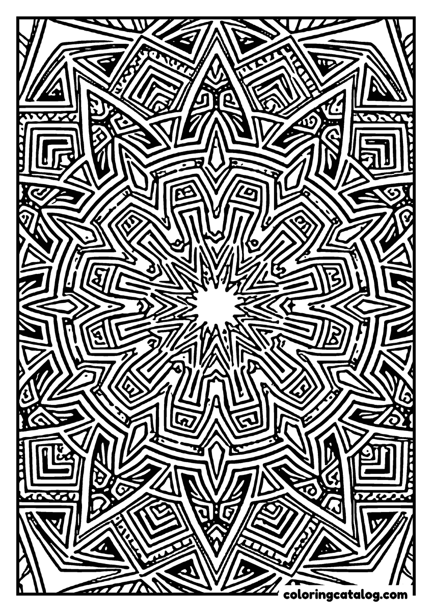 Mandala coloring page: A star of interlocking angular keys and fretwork, drawn with a heavy freehand line