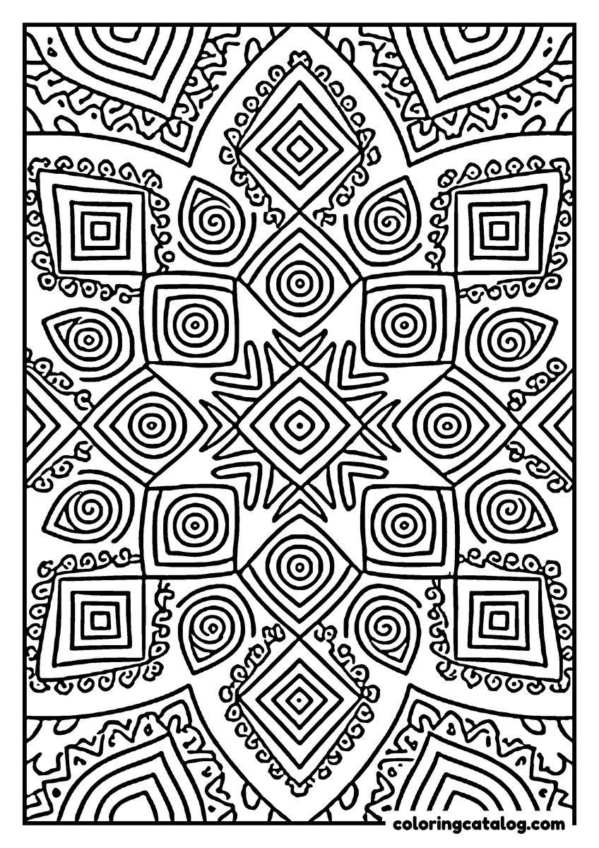 Printable Mandala coloring page: Nested squares and spiral eyes set in a diamond grid, drawn with a wobbling freehand line