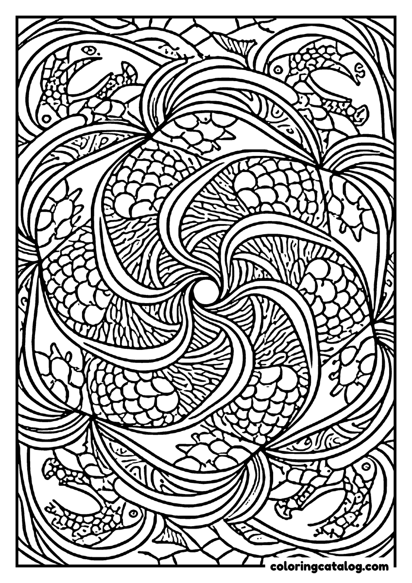 Printable Mandala coloring page: Fish curled head to tail around a spiral centre, their scales drawn one by one