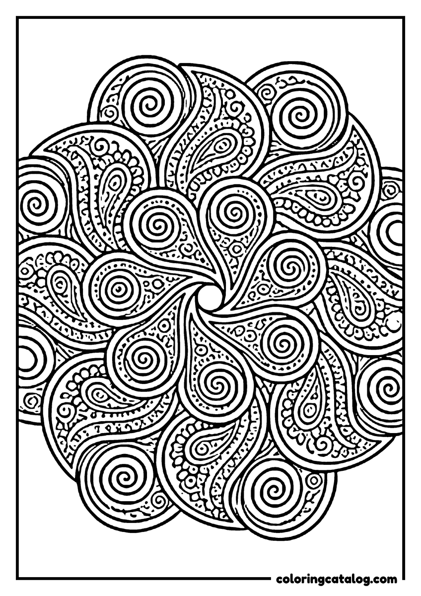 Mandala coloring page: A pinwheel of paisley teardrops, each one filled with a tight spiral and a dotted border