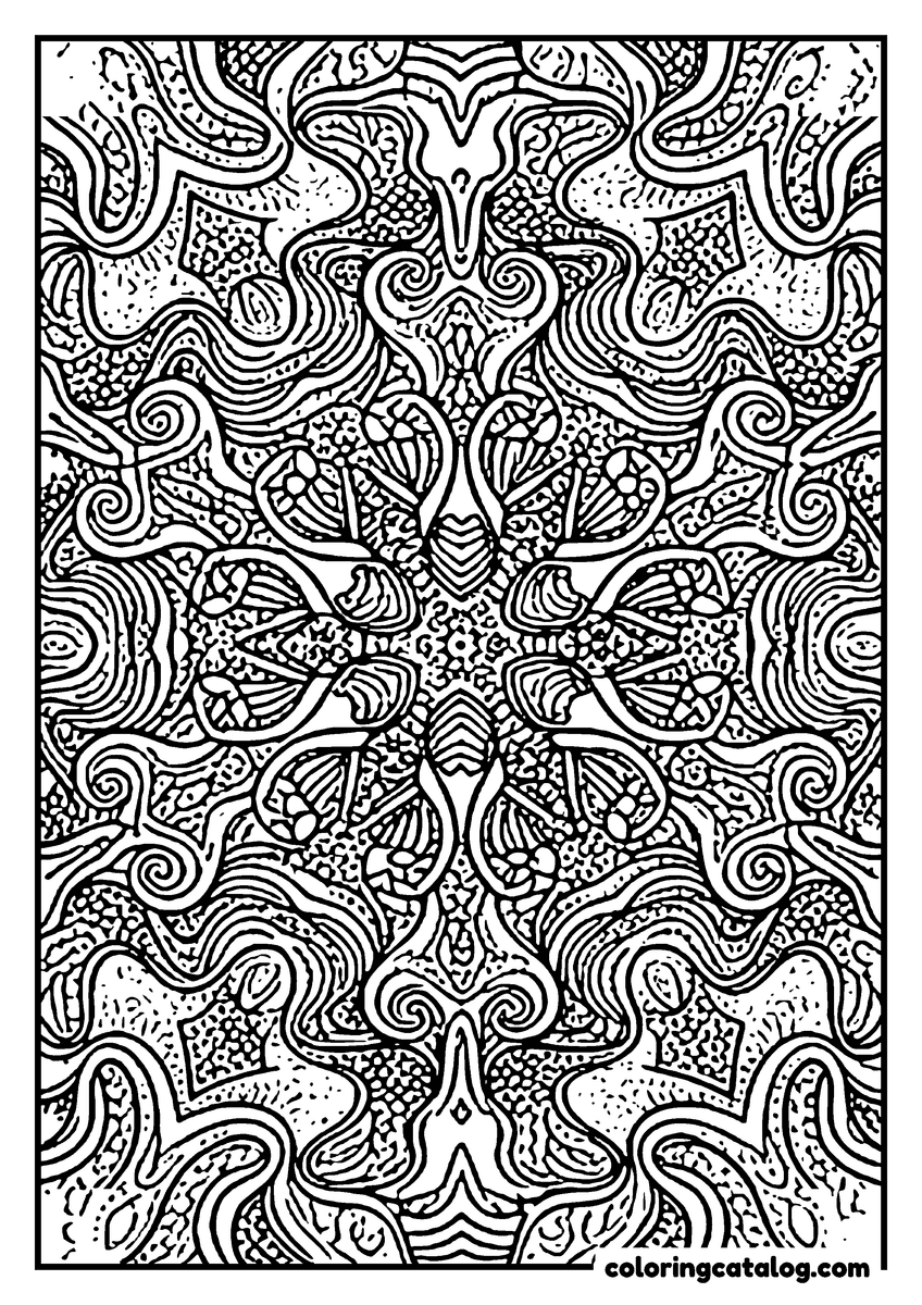 Printable Mandala coloring page: A dense field of ribbons and stippled scales, mirrored on both axes, with no empty space left