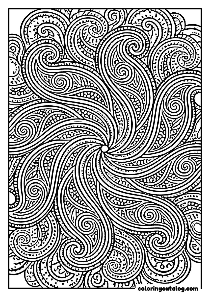 Mandala coloring page: A pinwheel of striped tendrils, each ending in a tight curl, over a stippled ground