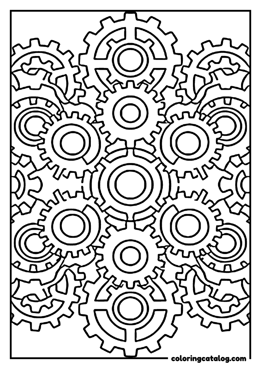 Printable Mandala coloring page: Toothed cogwheels meshed together, each with a ringed hub, filling the page edge to edge