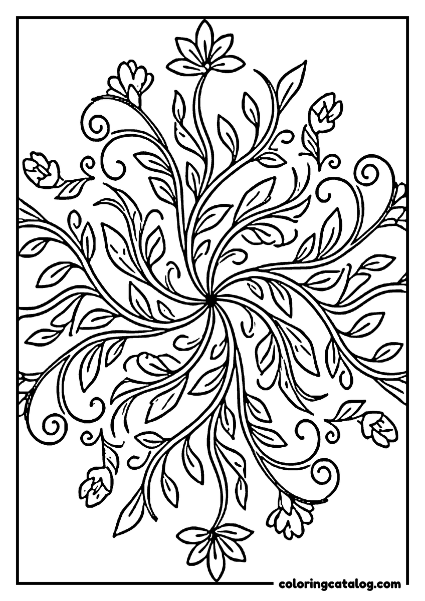 Printable Mandala coloring page: Leafy stems spiralling out from a single point, ending in open flowers and closed buds
