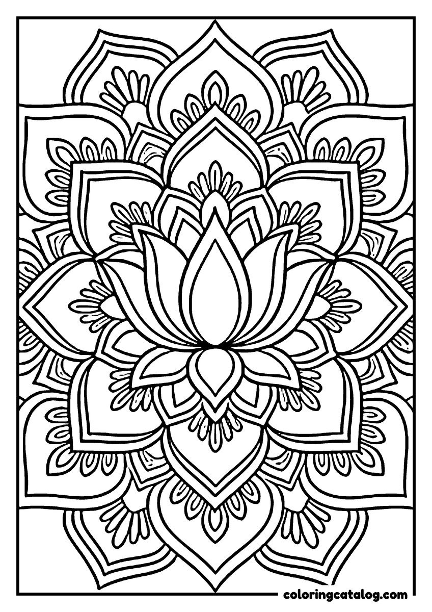 Printable Mandala coloring page: A lotus at the centre of stacked layers of pointed petals, each ringed with small fans