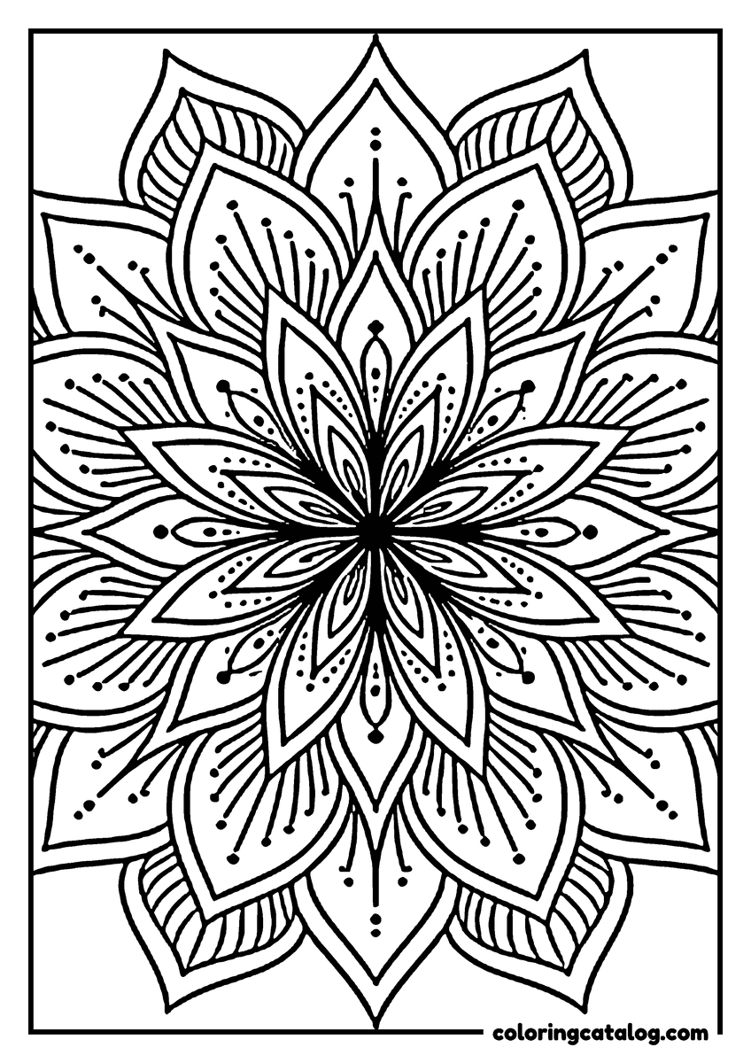 Mandala coloring page: A many-petalled flower whose petals radiate from a solid black centre, dotted with seed heads