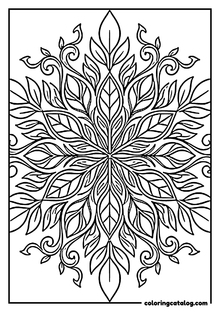 Printable Mandala coloring page: A six-arm rosette of veined leaves, with curling tendrils reaching into the corners