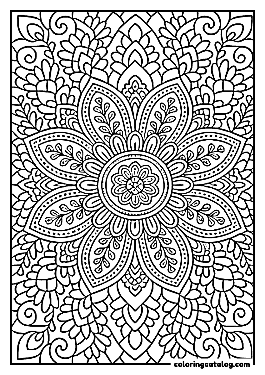 Mandala coloring page: A six-petal flower with a beaded rim, each petal filled with tiny sprigs, on a bed of paisleys