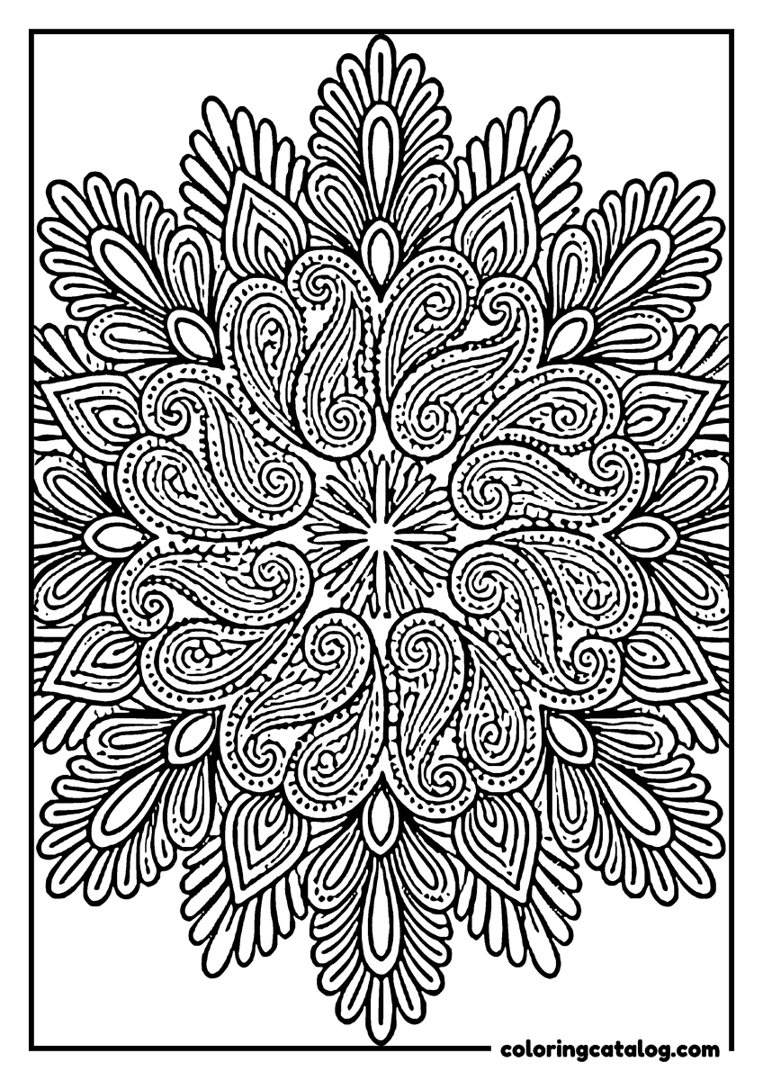 Mandala coloring page: A rosette of paisley teardrops with dotted outlines, framed by rows of long feathered petals