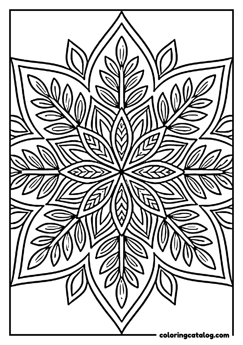 Free Mandala coloring sheet: A six-point rosette built entirely from leaves, each arm a sprig of long pointed foliage