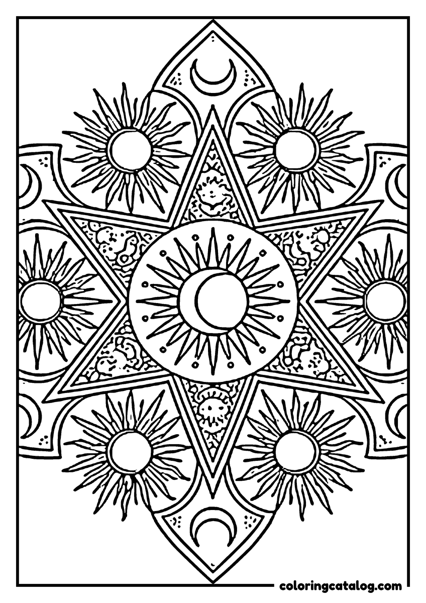Free Mandala coloring sheet: A six-point star holding a sun and a crescent moon, with flaming suns set around it