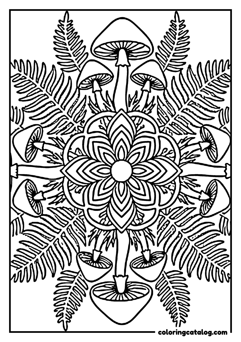 Free Mandala coloring sheet: A layered flower at the centre of a ring of mushrooms and fern fronds, arranged like a star