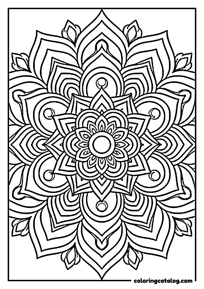 Mandala coloring page: Concentric rings of pointed petals stepping outward from a small sunburst, round buds between them