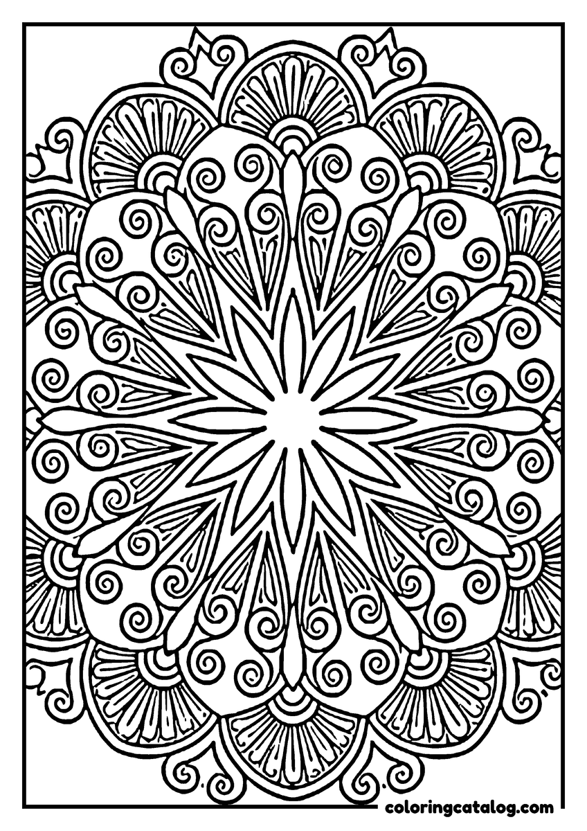 Free Mandala coloring sheet: A star of long petals surrounded by curled scrolls and fan-shaped shells