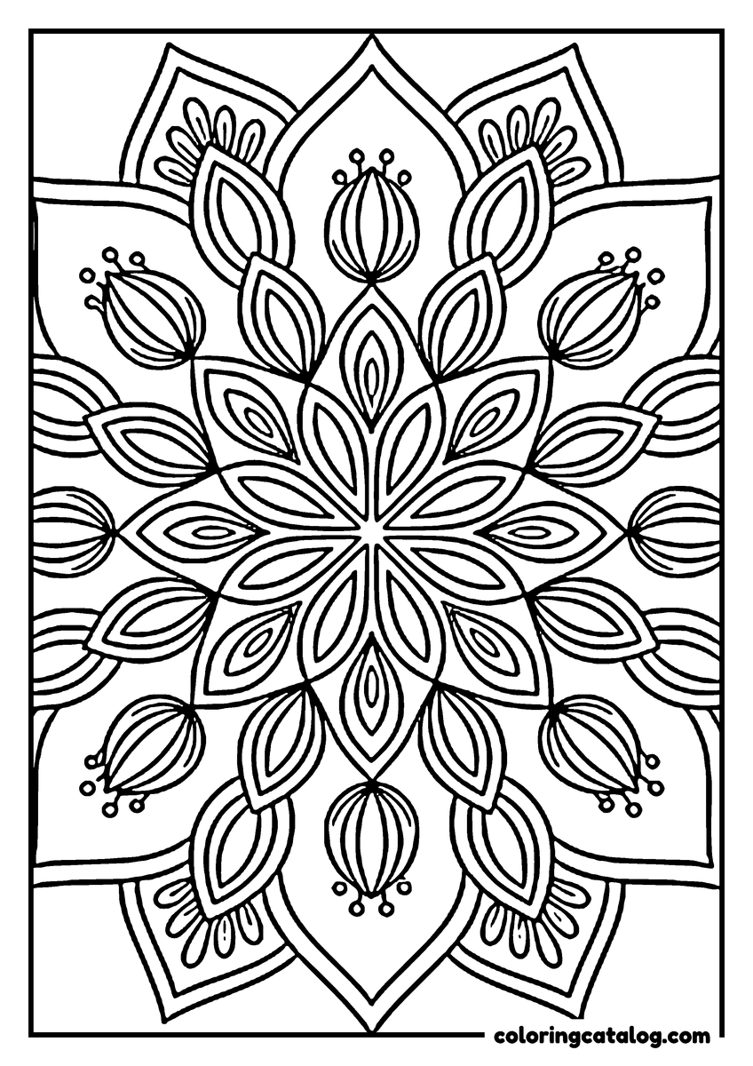 Free Mandala coloring sheet: An eight-petal flower with a plain centre, ringed by seed pods and broad outer petals
