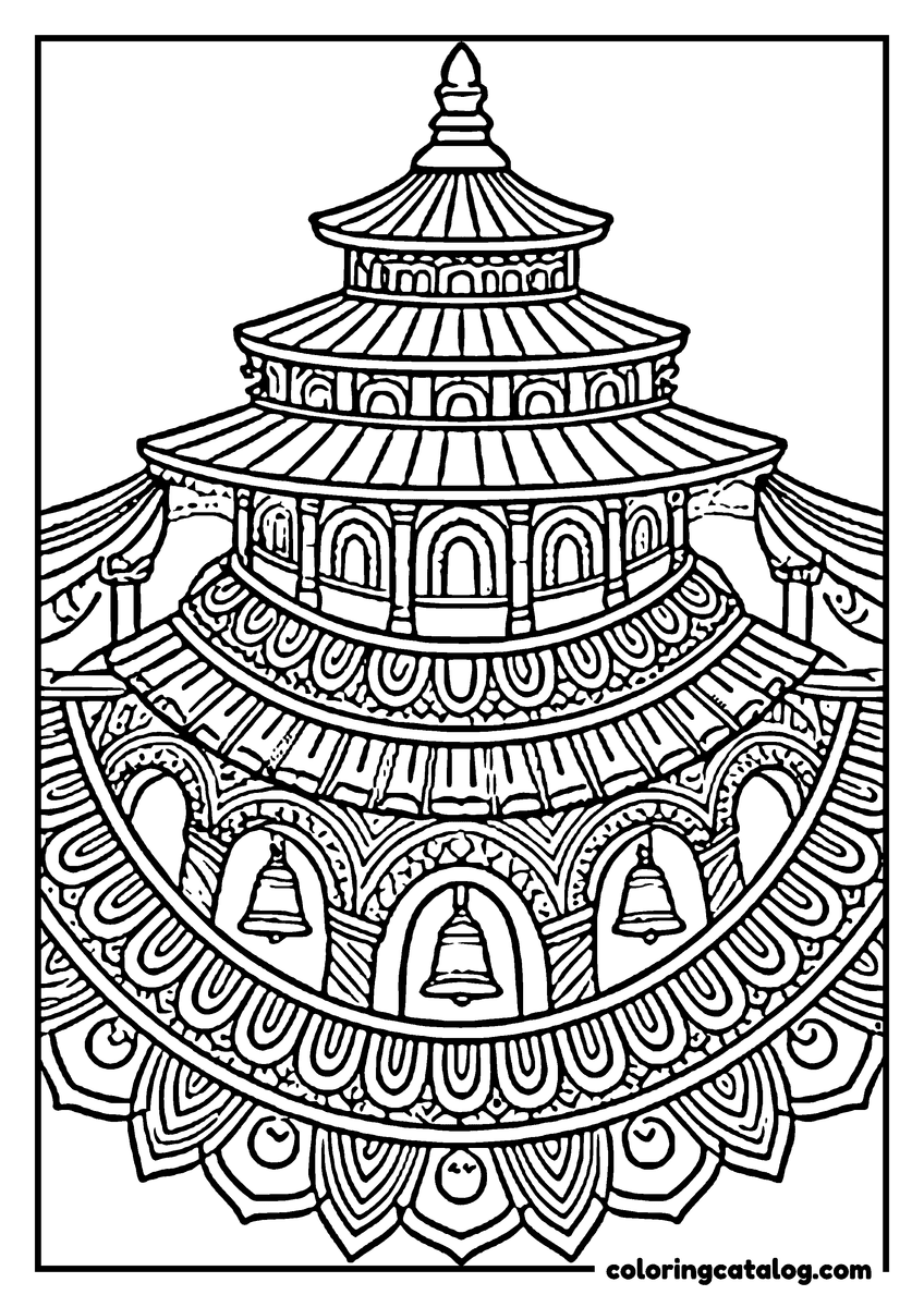 Printable Mandala coloring page: A tiered pagoda seen head on, hung with three bells, standing on a fan of decorated eaves