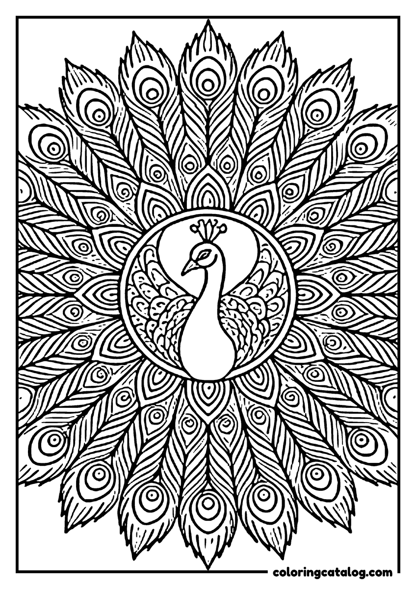 Free Mandala coloring sheet: A peacock in a central medallion, its tail spread into rings of eyed feathers filling the page