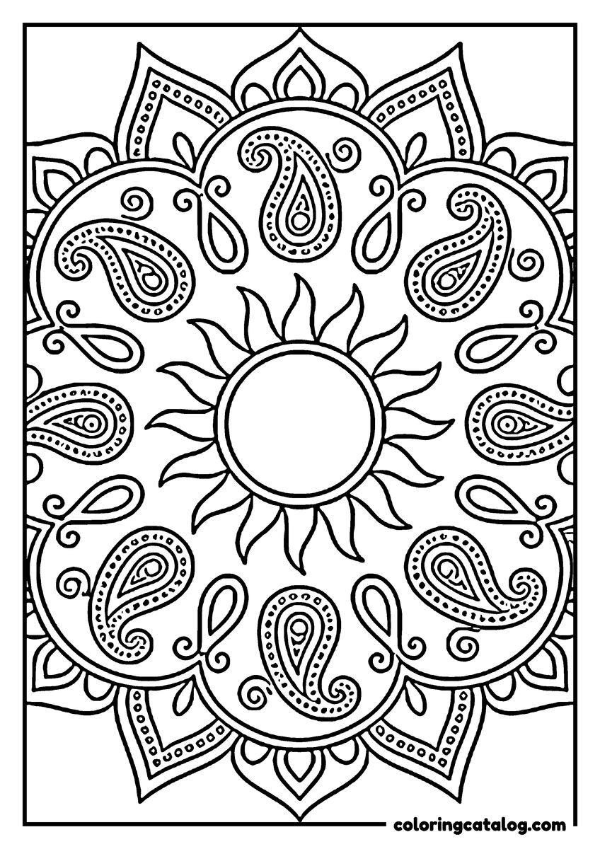 Printable Mandala coloring page: A flaming sun at the centre of a disc filled with large paisleys, inside a petalled frame