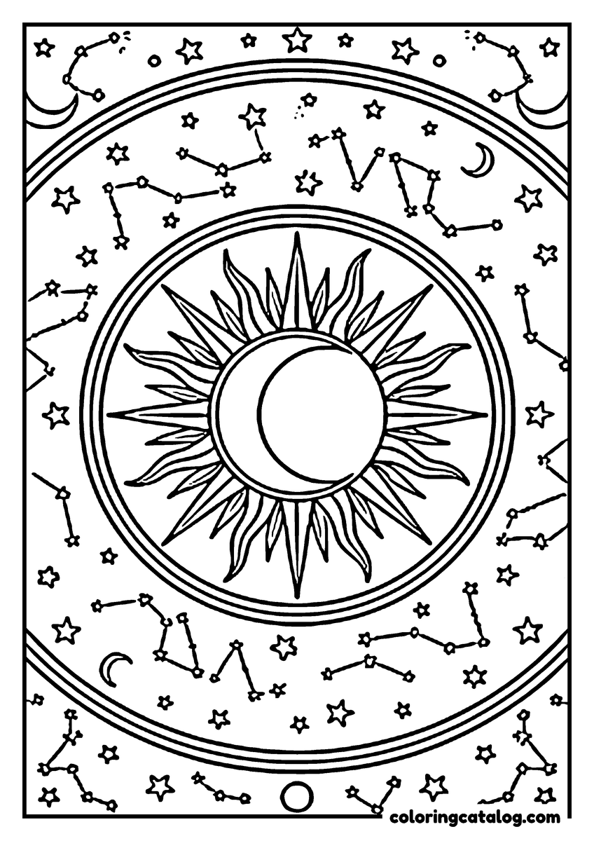 Free Mandala coloring sheet: A crescent moon inside a flaming sun, ringed by constellations, stars and small crescents