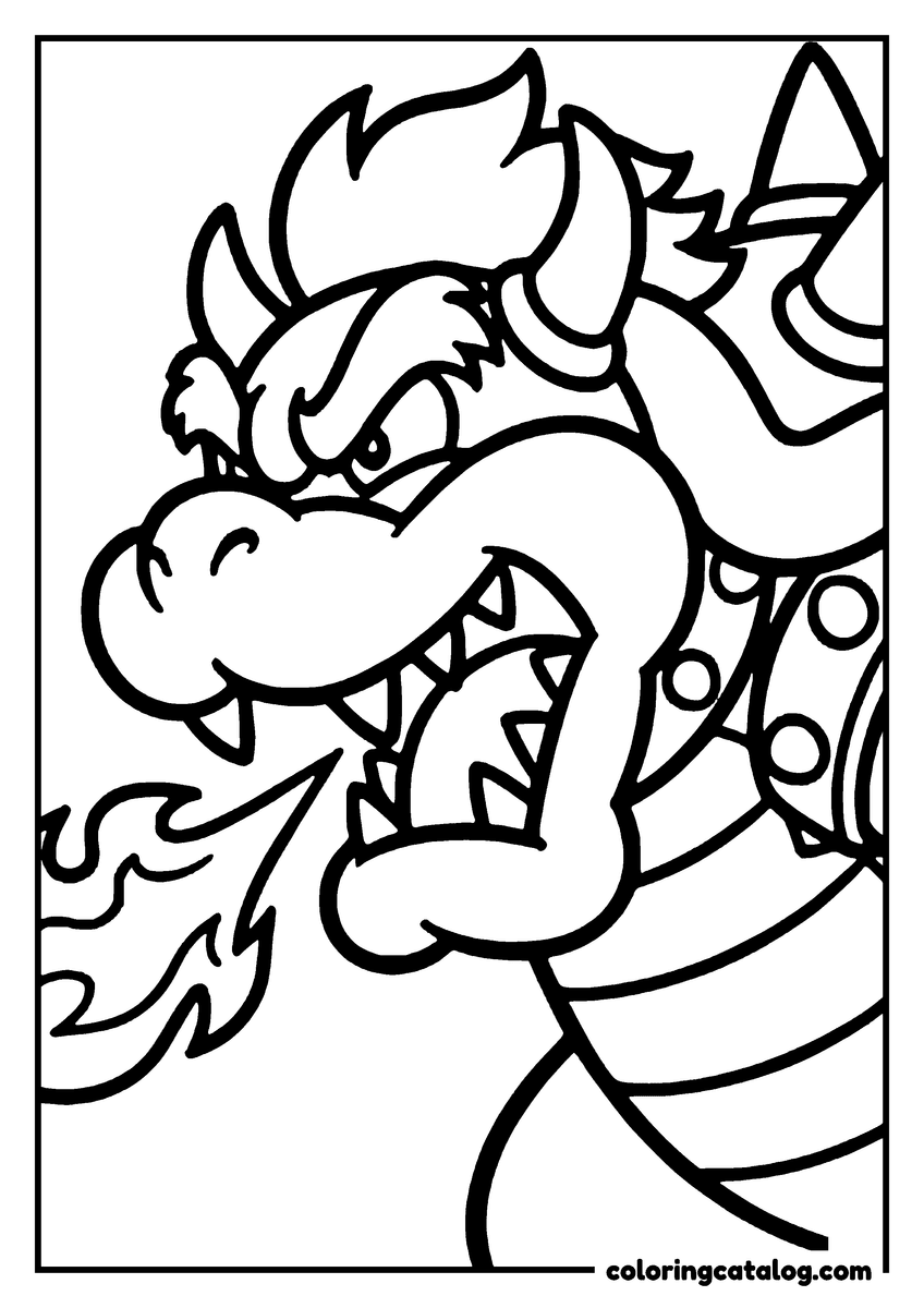 Printable Mario coloring page: Bowser breathing a jet of fire, horns and spiked shell filling the page