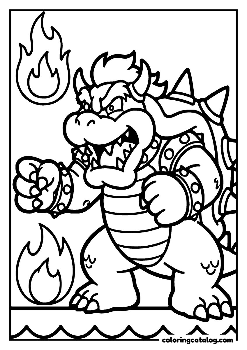 Printable Mario coloring page: Bowser standing with his claws out, flames rising on either side of him