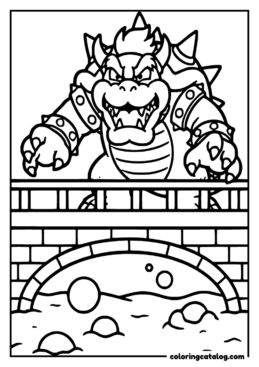 Mario coloring page: Bowser standing on the stone bridge above the lava, arms spread and mouth open