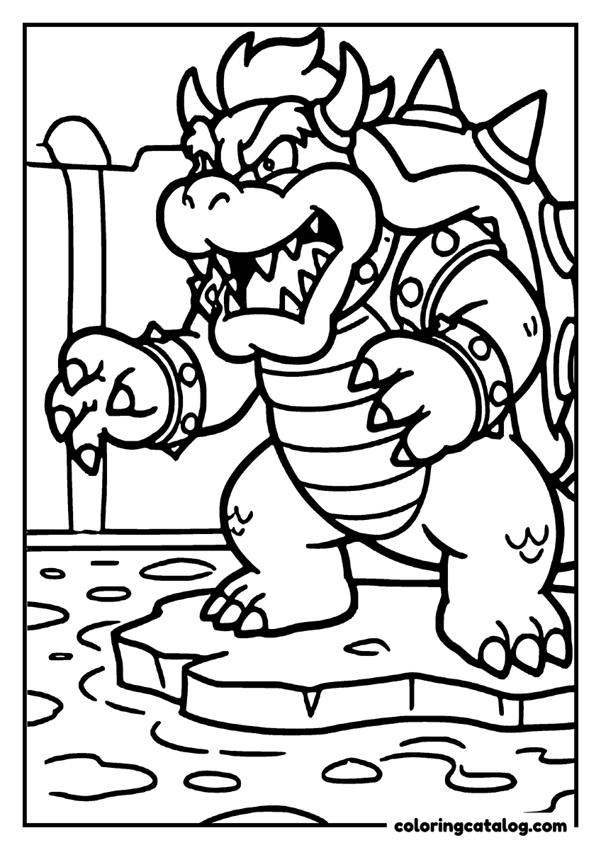 Mario coloring page: Bowser roaring on a stone platform above the water, spiked shell and cuffs picked out