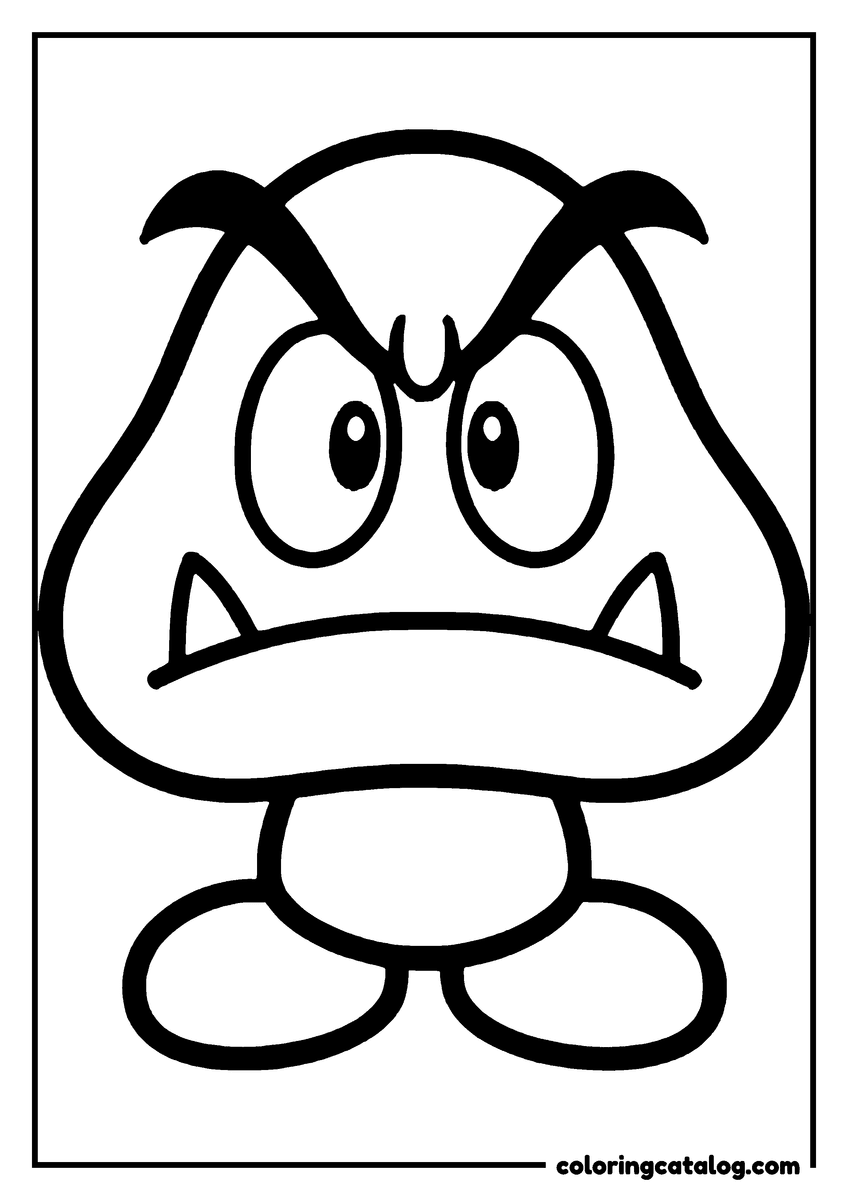 Printable Mario coloring page: A Goomba standing with a scowl, its two fangs showing, drawn large on a plain background