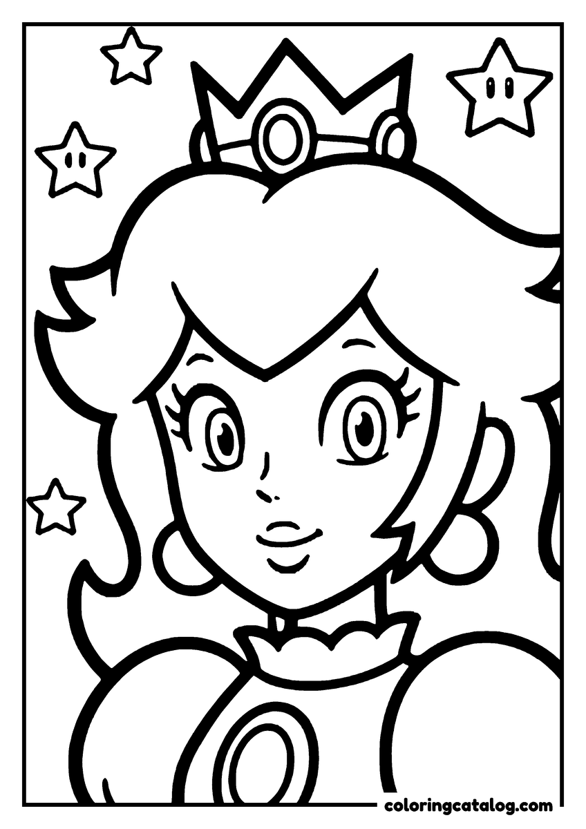 Mario coloring page: A close portrait of Princess Peach in her crown and jewelled collar, stars around her head