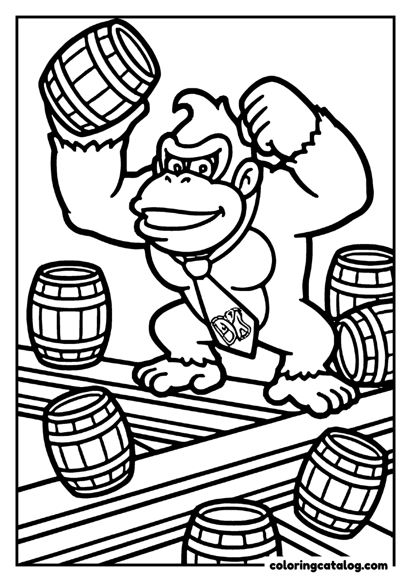 Printable Mario coloring page: Donkey Kong lifting a barrel over his head on the girders, more barrels rolling around him