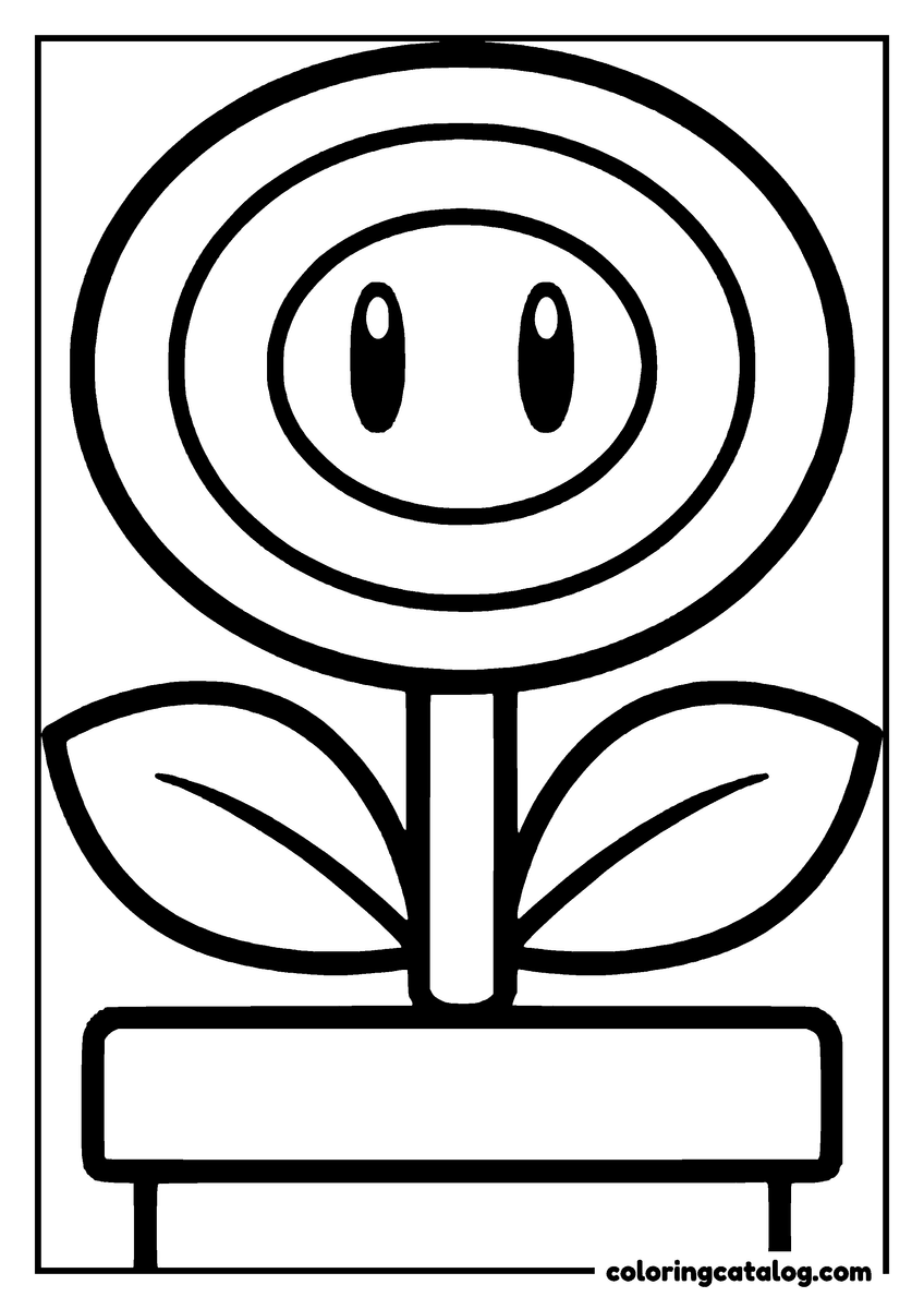 Free Mario coloring sheet: A fire flower with two eyes and two leaves standing on a block, drawn large on a plain background