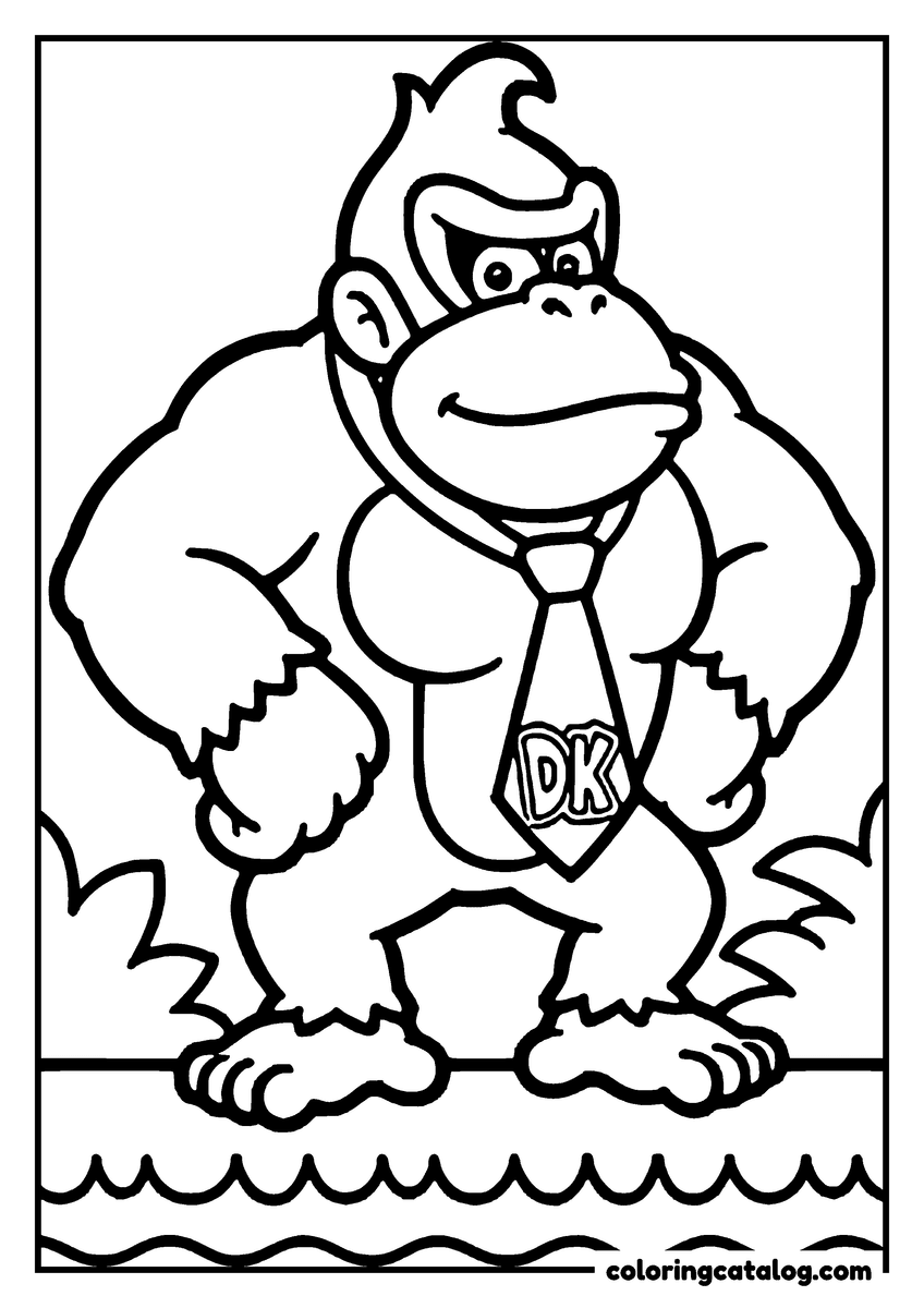 Free Mario coloring sheet: Donkey Kong standing on the grass in his DK tie, arms at his sides
